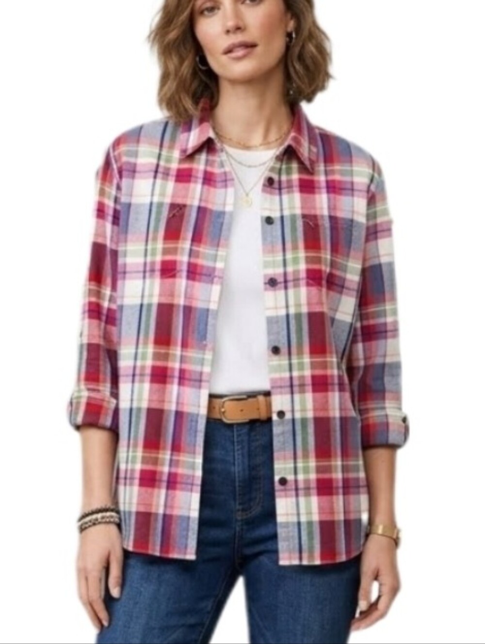 Alfred Dunner Shirt Plaid Cotton Blend Button Up Red Size 10